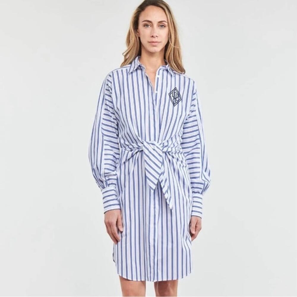 Lauren Ralph Lauren Blue and White Striped Tie-Waist Shirt Dress